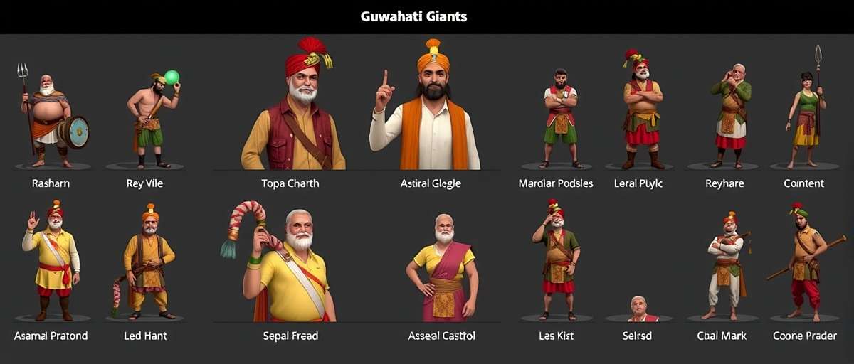 Guwahati Giants Character Classes Guwahati Giants character selection screen showing various traditional Assamese professions with detailed costumes