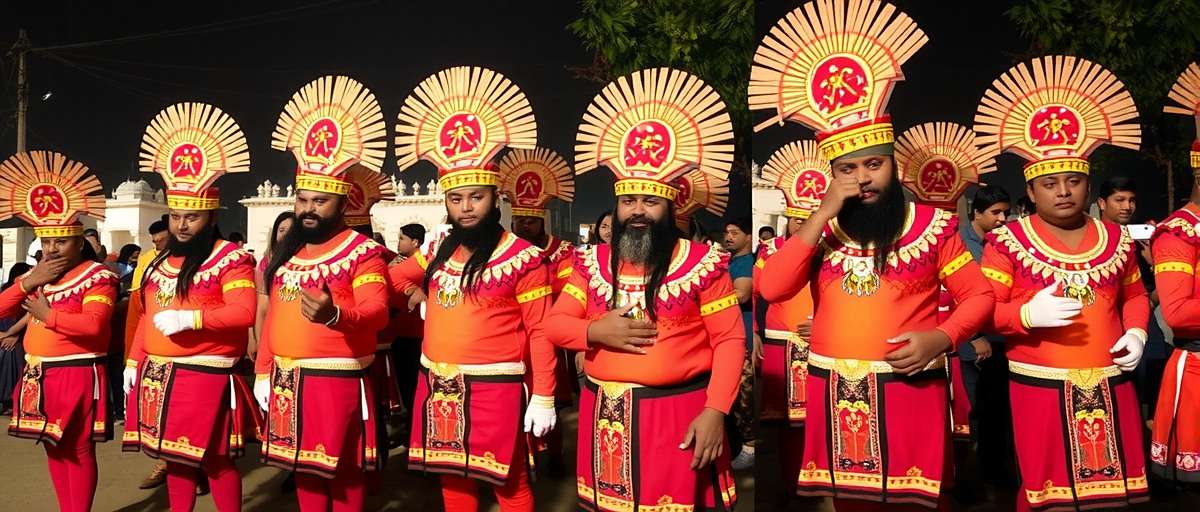 Guwahati Giants Bihu Festival Celebration Guwahati Giants Bihu festival event showing characters in traditional Assamese Bihu dance attire with decorative gamosa patterns
